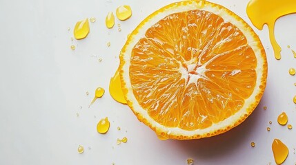 Realistic orange fruit half with juice droplets on a clean white background showcasing vibrant...