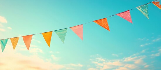 Colorful bunting flags swaying under a bright blue sky creating a festive atmosphere for summer celebrations and carnival events