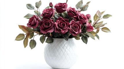 Obraz premium Artificial red roses in an elegant white vase with greenery against a clean white background ideal for decor and floral arrangements