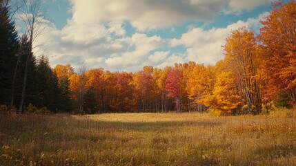 Obraz premium Vibrant Autumn Foliage in Prairie and Forest Under a Blue Sky with Fluffy Clouds