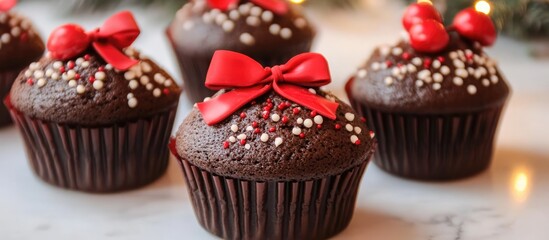 Festively decorated chocolate muffins with red bows and sprinkles perfect for Christmas celebrations and holiday treat displays.