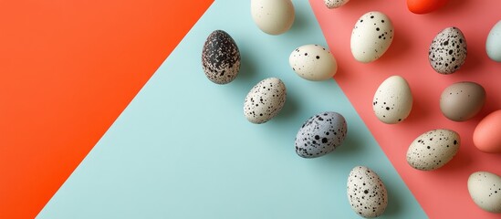 Colorful flat lay of decorative painted eggs on vibrant background ideal for Easter promotions or seasonal themes with text space