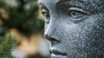 Granite monument detail showcasing a close-up of a sculpted face surrounded by greenery highlighting texture and artistry.