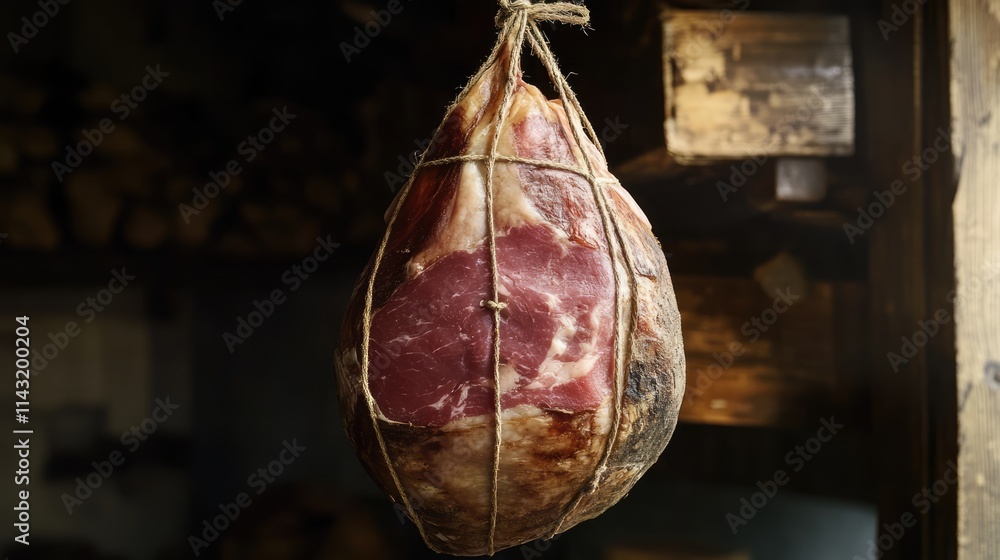 Poster aged prosciutto hanging in a rustic setting showcasing traditional drying methods and rich texture f