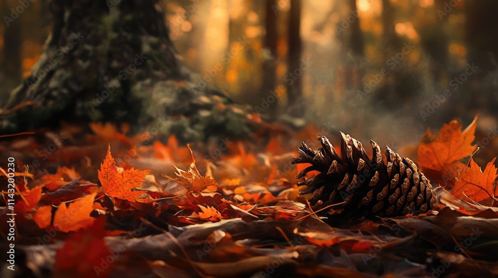 Poster autumn forest floor with vibrant fall leaves and a pine cone illuminated by soft sunlight creating a