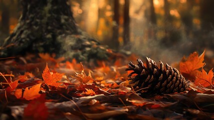 Fototapeta premium Autumn forest floor with vibrant fall leaves and a pine cone illuminated by soft sunlight creating a serene natural atmosphere