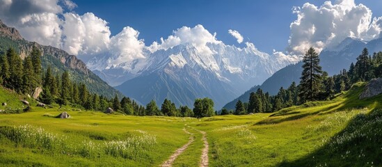 Fairy Meadows scenic trail showcasing breathtaking mountain views and lush greenery under a vibrant blue sky with dramatic cloud formations
