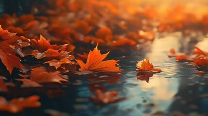 Autumn leaves reflecting on water in a serene landscape showcasing vibrant fall colors and a warm, tranquil atmosphere.