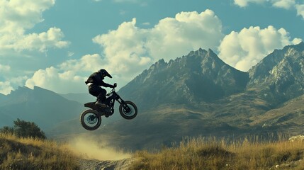 Fototapeta premium A rider twisting the bike horizontally during a massive whip framed by a backdrop of mountains.