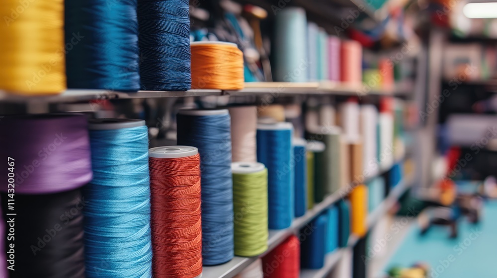 Poster vibrant spools of thread in textile manufacturing workshop with colorful displays and soft focus bac