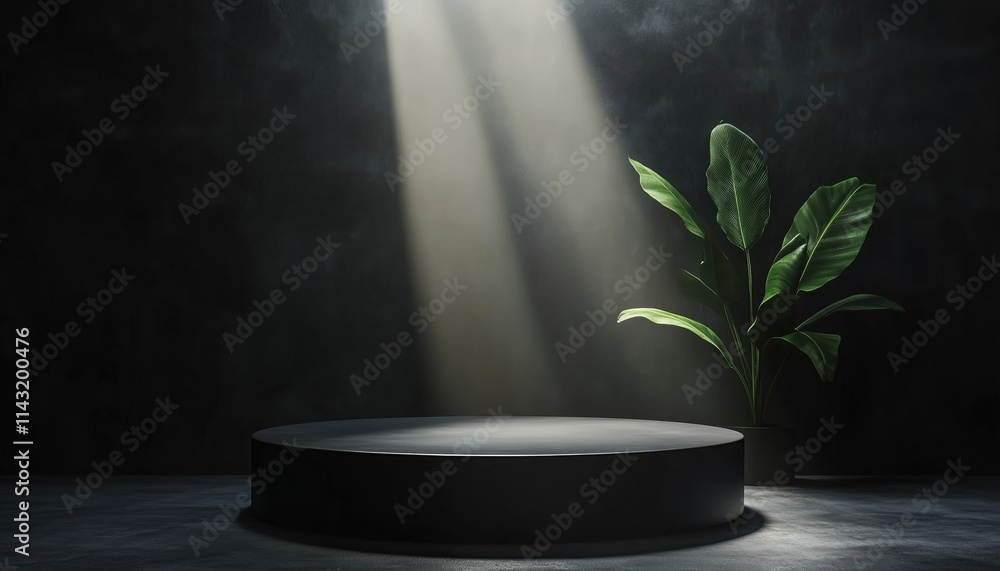 Poster dark podium stand for product display presentation. elegant exhibition setting with circular platfor