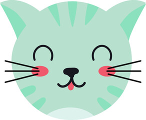 Cartoon illustration featuring a charming turquoise cat face with playful pink cheeks, a winking eye, and a tongue sticking out, all set against a clean white background
