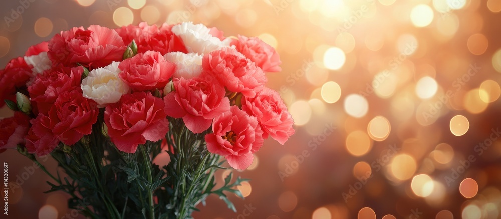 Poster festive bouquet of red and white carnations with a stylish bokeh backdrop creating a cheerful and vi