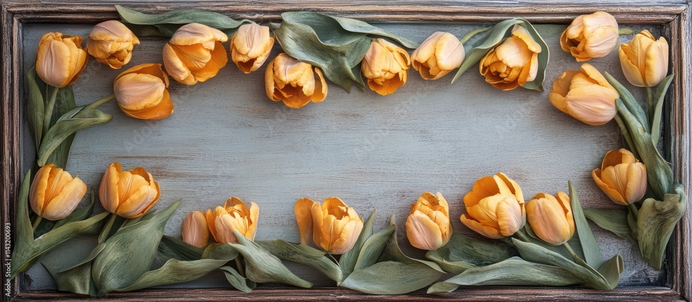 Poster yellow tulip flower arrangement in a frame creating a vibrant flat lay design on a rustic background