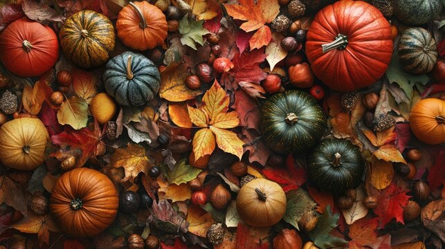 Vibrant autumn background featuring an array of colorful pumpkins leaves and conkers ideal for seasonal themes and festive designs