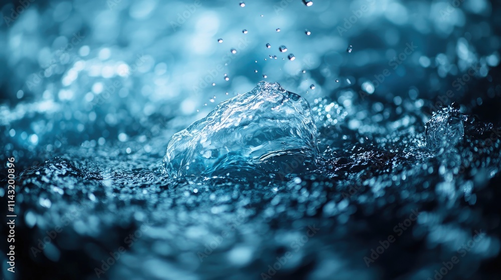Poster dynamic water droplets splashing on a dark background creating an abstract and serene atmosphere in 