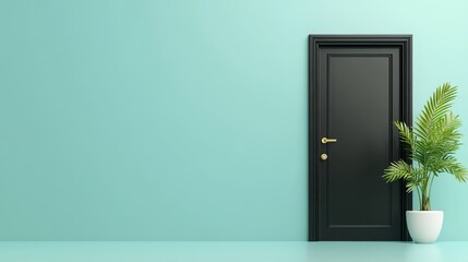 A palm plant stands near a minimalist black door on a light green wall, bathed in modern sunlight.