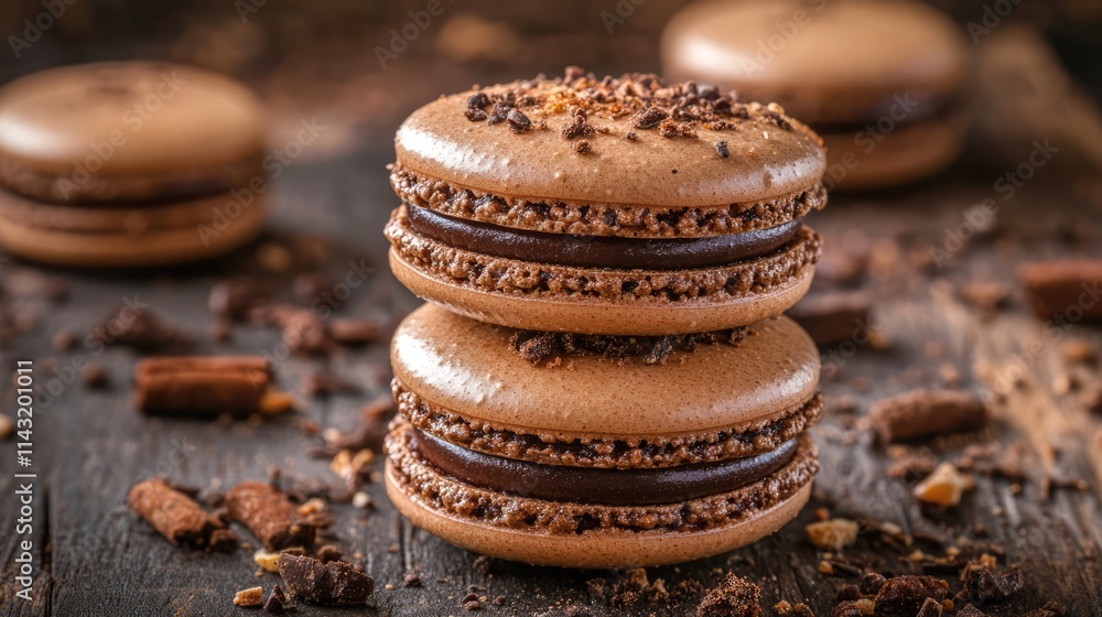 Poster chocolate french macarons stacked on a rustic wooden surface with scattered chocolate crumbs and a s