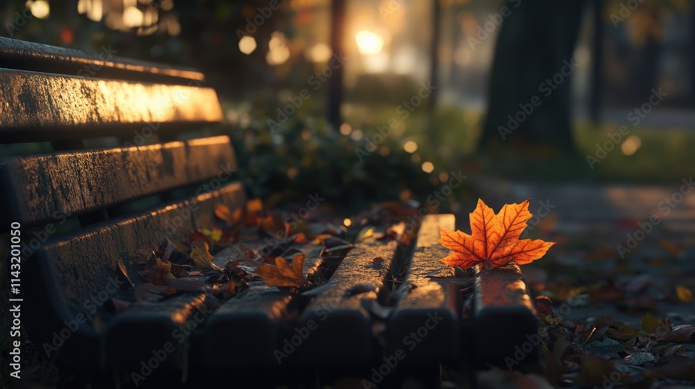 Aufkleber autumn leaves resting on a park bench during twilight creating a serene and tranquil atmosphere in a