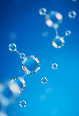 Abstract water hydrogen and oxygen glass molecules floating in blue fluid background with selective focus - environment, water or clean energy concept, Paper Cutout style, with white tones