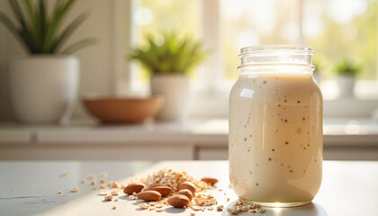 Homemade almond smoothie in a glass jar