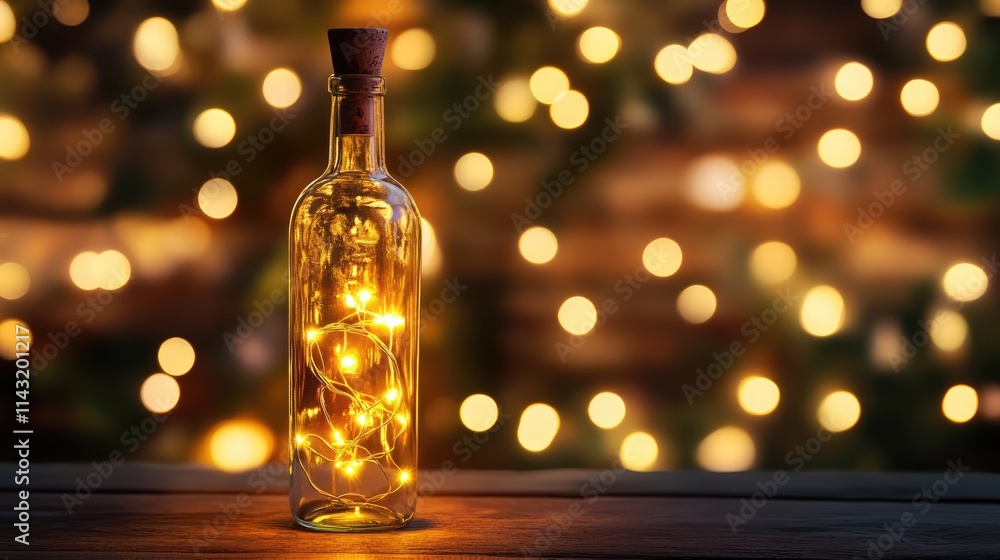 Poster magical fairy lights encased in a glass bottle with a soft bokeh background creating an enchanting a