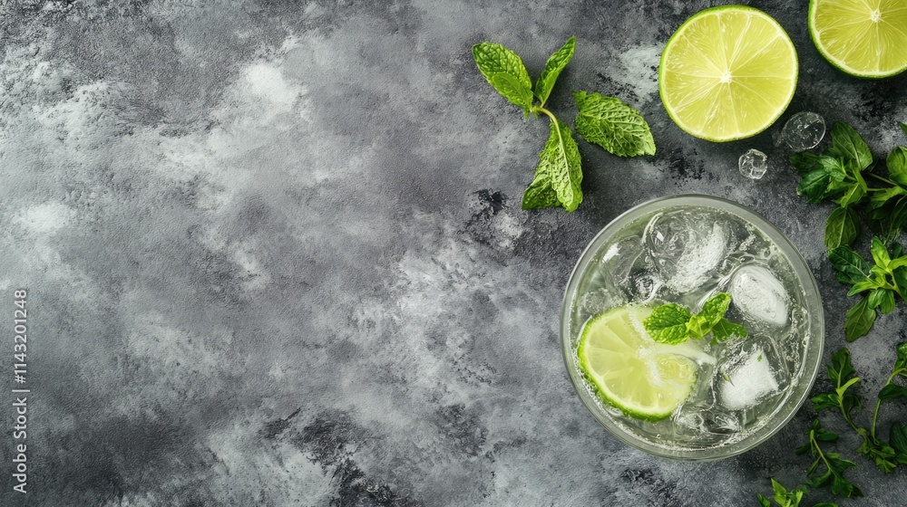 Poster refreshing cocktail with mint and lime on textured grey table with ice cubes and space for beverage 