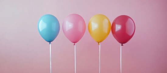 Colorful helium balloons with white ribbons against a soft pink background for festive celebrations and party decorations