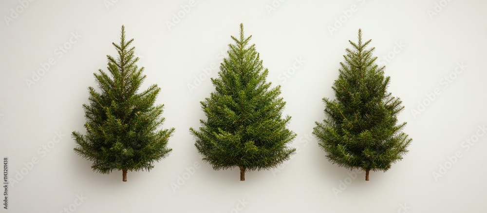Poster three festive artificial christmas trees arranged in a flat lay style on a light background creating