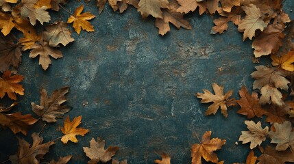 Obraz premium Autumn leaves frame on textured blue background perfect for seasonal themes and nature inspired designs