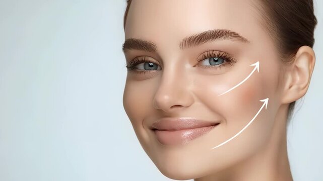 Woman with perfect skin after cosmetic treatment with lifting arrows on her face on light background. Rhytidectomy procedure, facelift surgery, anti age treatment