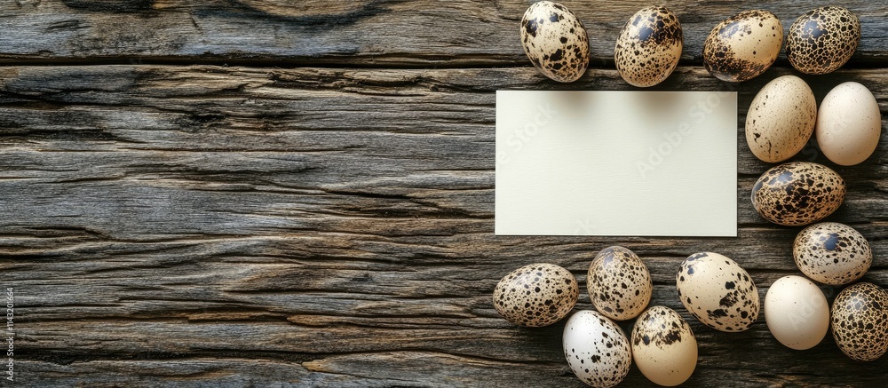 Poster flat lay of quail eggs and blank card on rustic wooden table for spring or culinary concepts