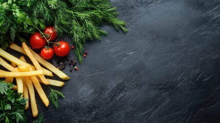 Freshly cooked French fries with cherry tomatoes and dill on a dark textured background for culinary and food photography concepts.