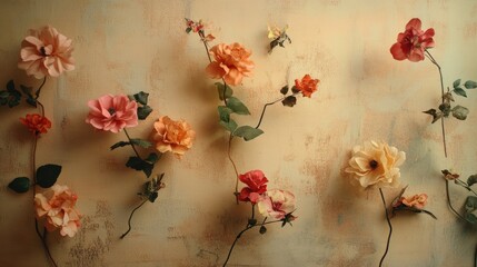 Colorful artificial flowers arranged on a textured wall creating a vibrant and artistic floral decoration for interior design