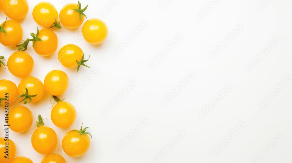 Poster yellow cherry tomatoes arranged on a white background creating a vibrant food backdrop with ample sp