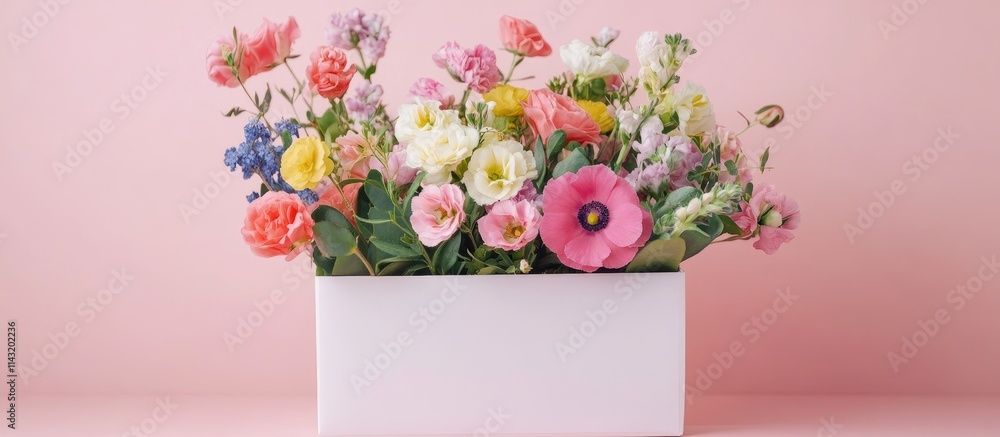 Poster colorful flower box with assorted blooms and a message card on a soft pink background ideal for gree