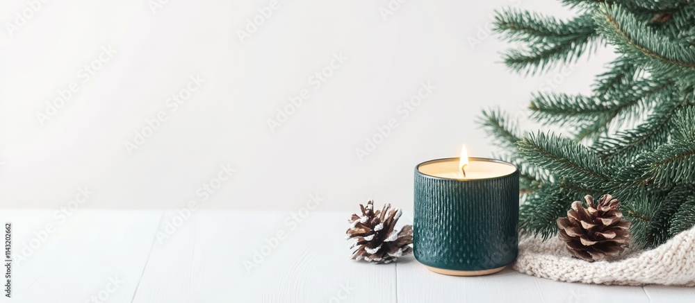 Poster festive fir tree with candles and natural elements on a neutral white background creating a serene h