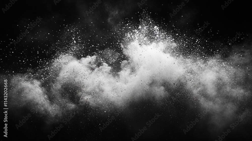Poster abstract white dust explosion creating a dramatic effect on a dark background showcasing texture and
