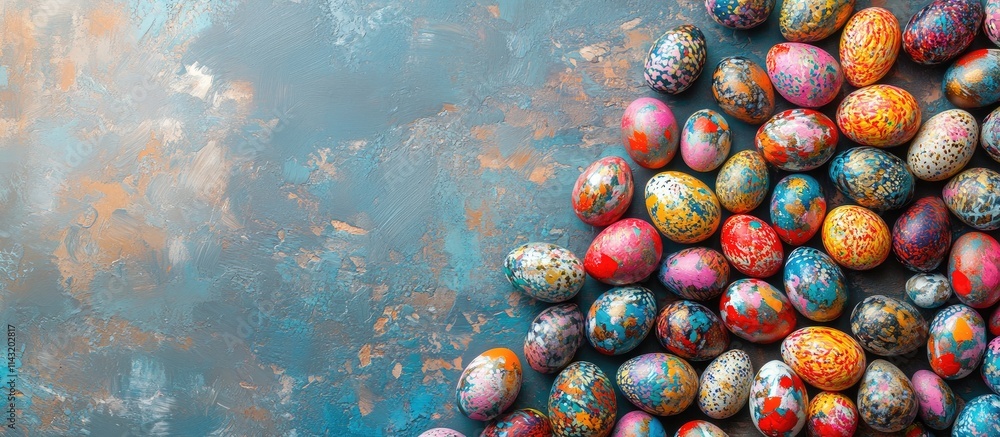 Poster vibrant hand-painted decorative eggs scattered on a textured background creating an artistic space f