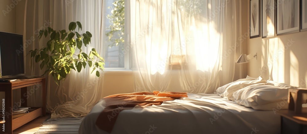 Poster serene bedroom with floating transparent curtains swaying in sunlight creating a cozy and inviting a