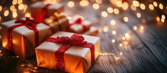 Cozy Christmas setting featuring beautifully wrapped gifts illuminated by twinkling lights for a joyful and festive atmosphere