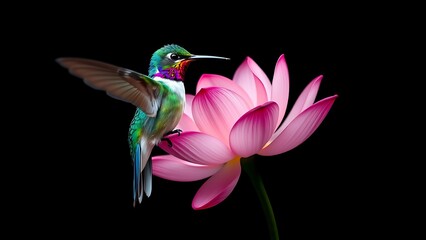 Obraz premium Hummingbird perched on pink lotus flower against black background