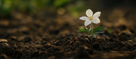 Delicate white flower blooming from rich dark soil in a serene natural environment showcasing growth and resilience in nature