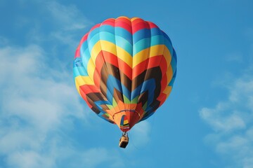 Naklejka premium Colorful hot air balloon is floating peacefully in a blue sky with fluffy white clouds