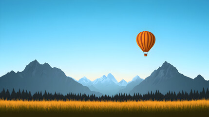 Obraz premium A vector of a hot air balloon floating over a valley, with mountains in the background. Hot air balloon in valley.