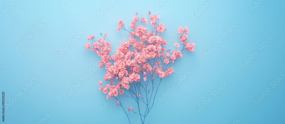 Poster pink rose bouquet on a blue background minimalistic greeting card design flat lay with soft focus an