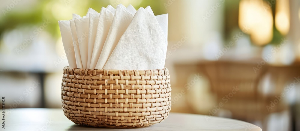 Poster neatly arranged folded paper napkins in a woven rattan container set against a softly blurred backdr