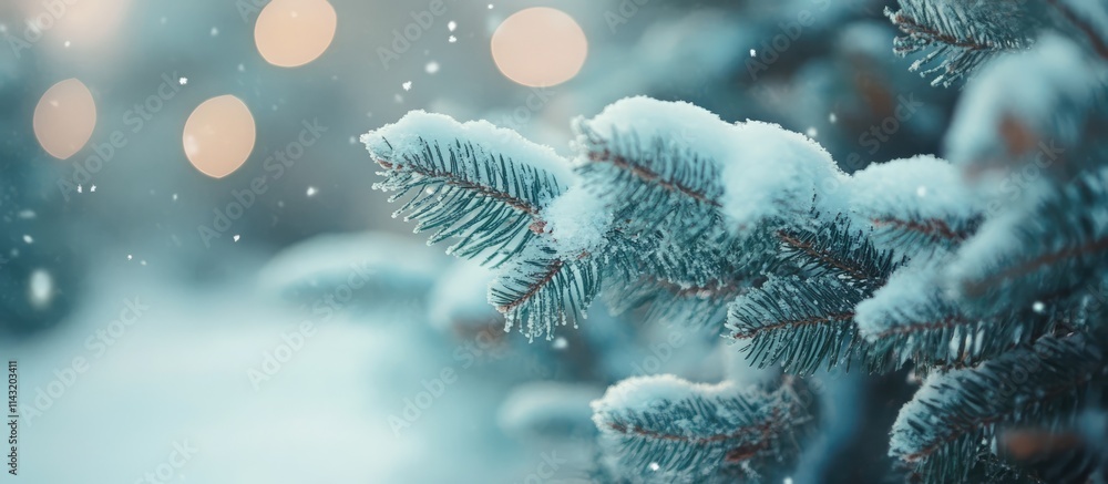 Poster snow-covered fir tree branches with soft bokeh lights creating a serene winter atmosphere for christ