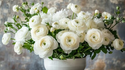 Elegant arrangement of fresh white ranunculus flowers in a delicate vase on a soft textured background