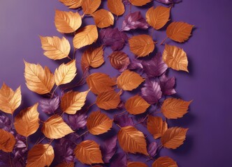 Obraz premium Dry orange metallic leaves, violet backdrop Geometric autumnal design , orange, texture, dried leaves